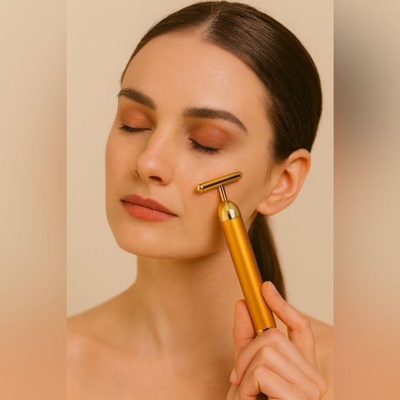 Gold Energy Vibrating Beauty Facial T-Bar Massage Roller and 12 Sheet Masks - Picture 6 of 6